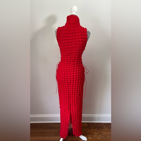 Daisy Red Bubble Knit Lace Up Maxi Dress - Picture 8 of 10